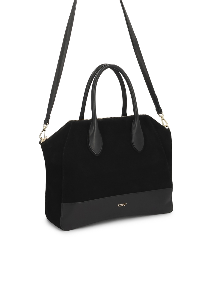 Black suede handbag with handles and strap