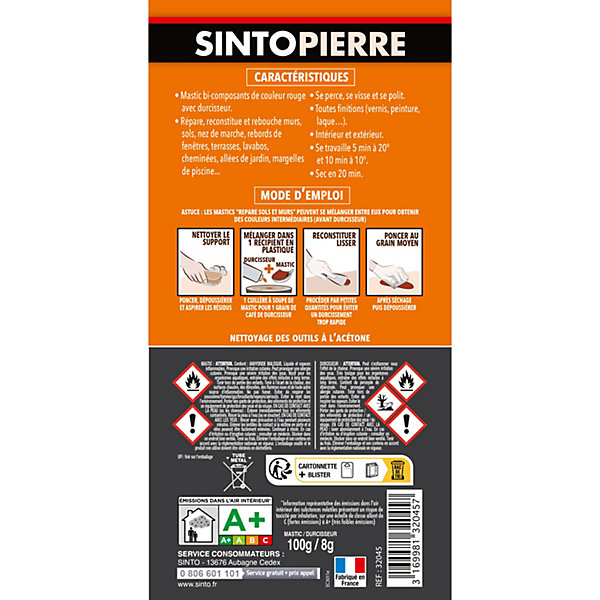 Mastic polyester Sintopierre rouge en tube de 66 ml
