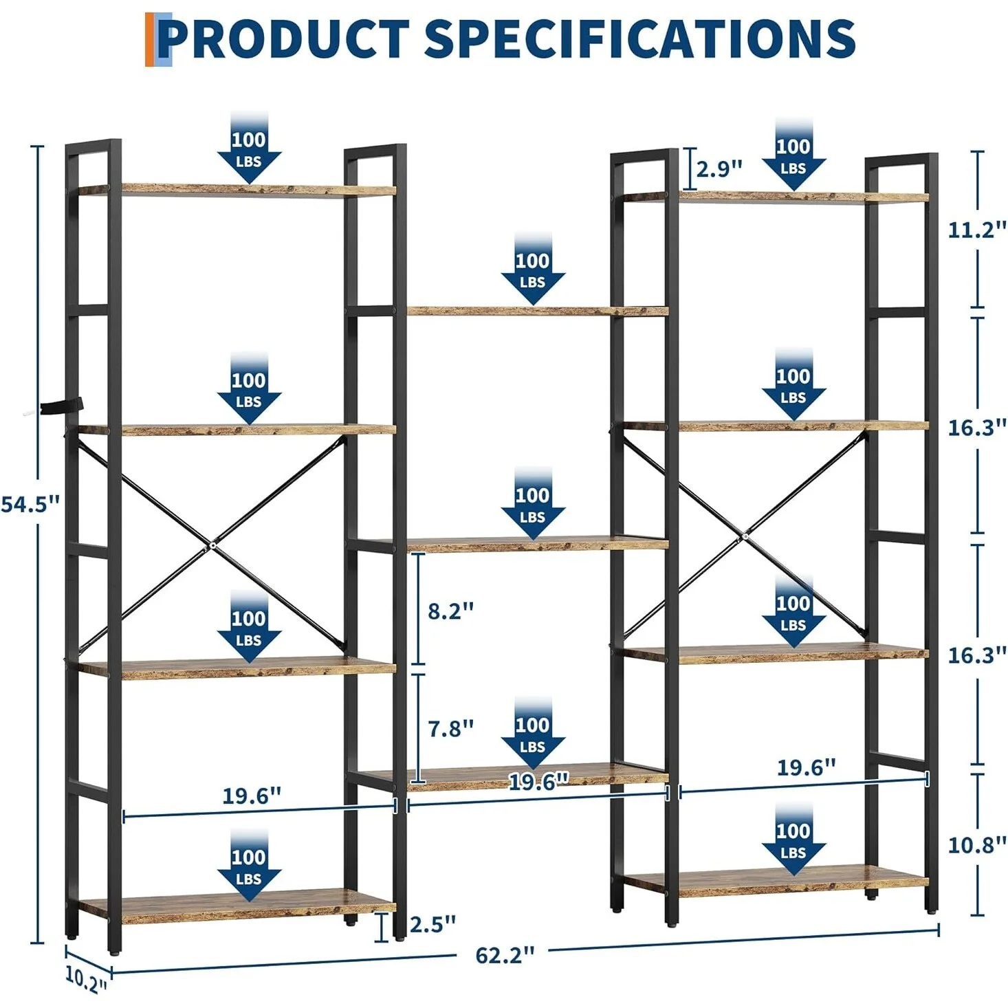 Triple Column 4-Tier Bookshelf, Adjustable Rustic Industrial Bookcase