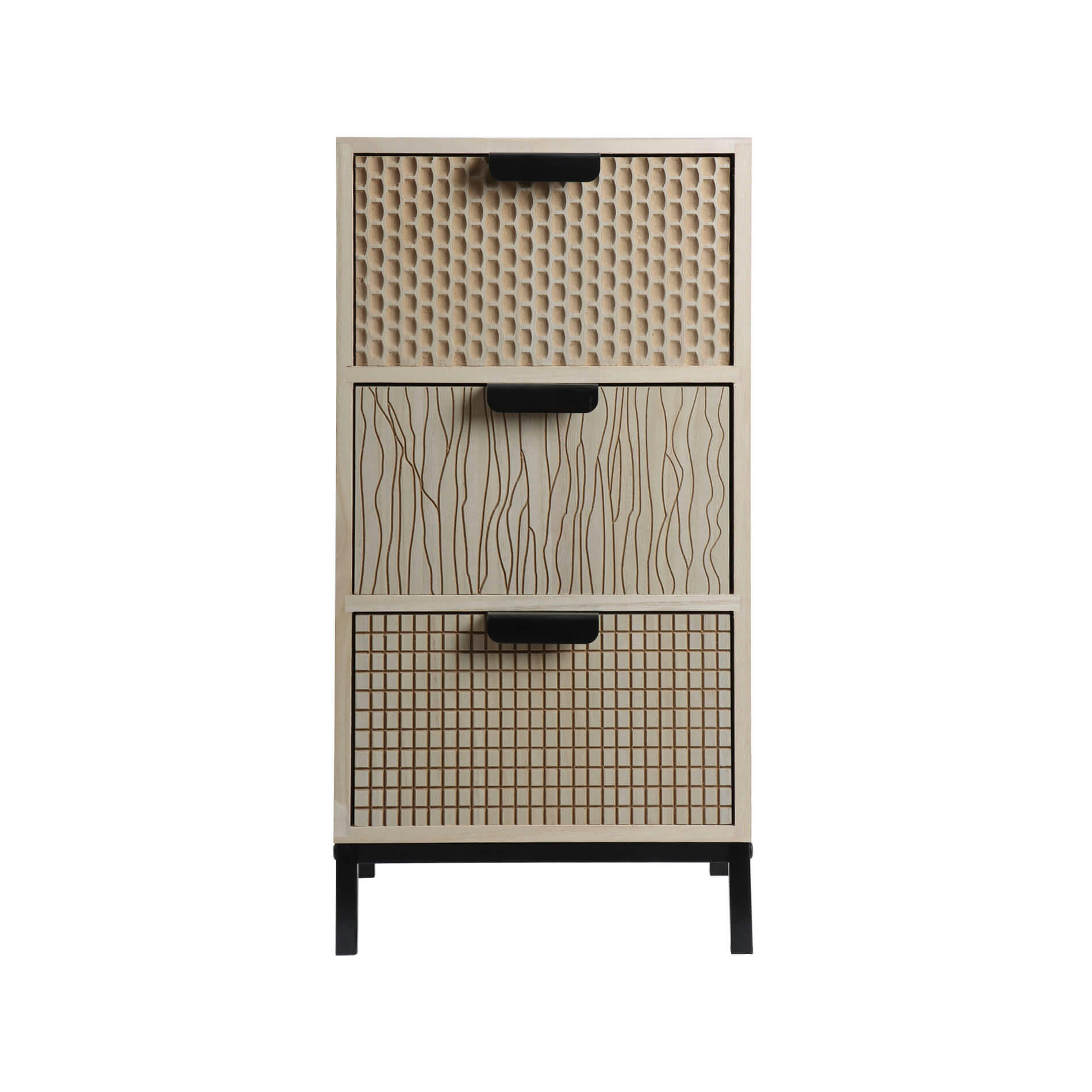 - Table de chevet sculpté avec 3 tiroirs en bois et métal marron clair