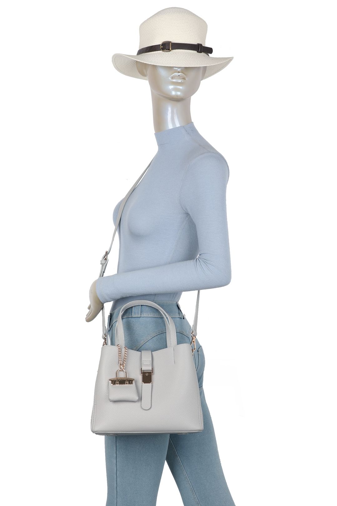 Fontanella Fashion Ellory Triple Compartments Top Handle Tote Bag With Mini Bag Charm