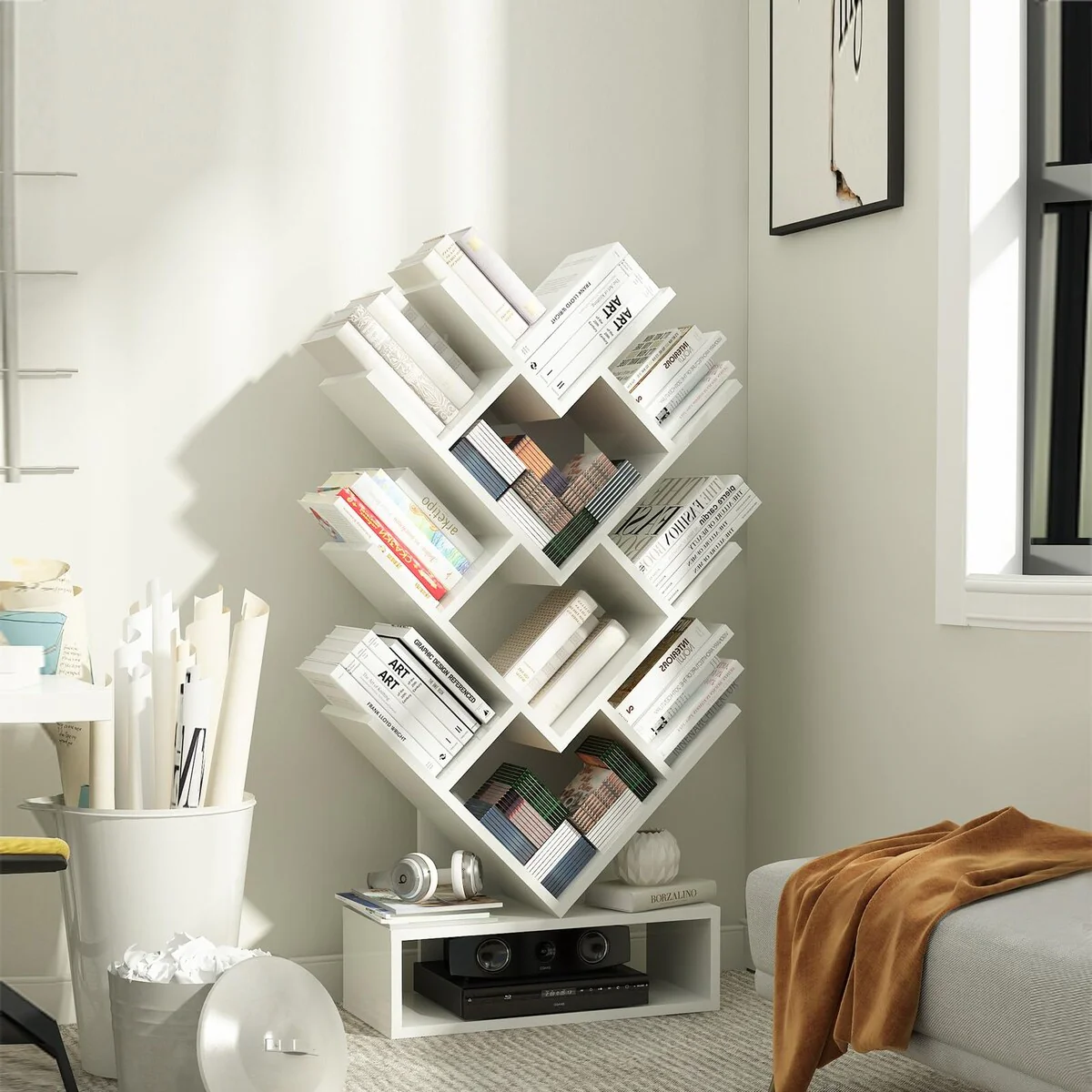 White Tree Bookshelf 5 Shelf Tree Bookcase Small Wood Standing Book Shelf Free Standing Book Tree Rack