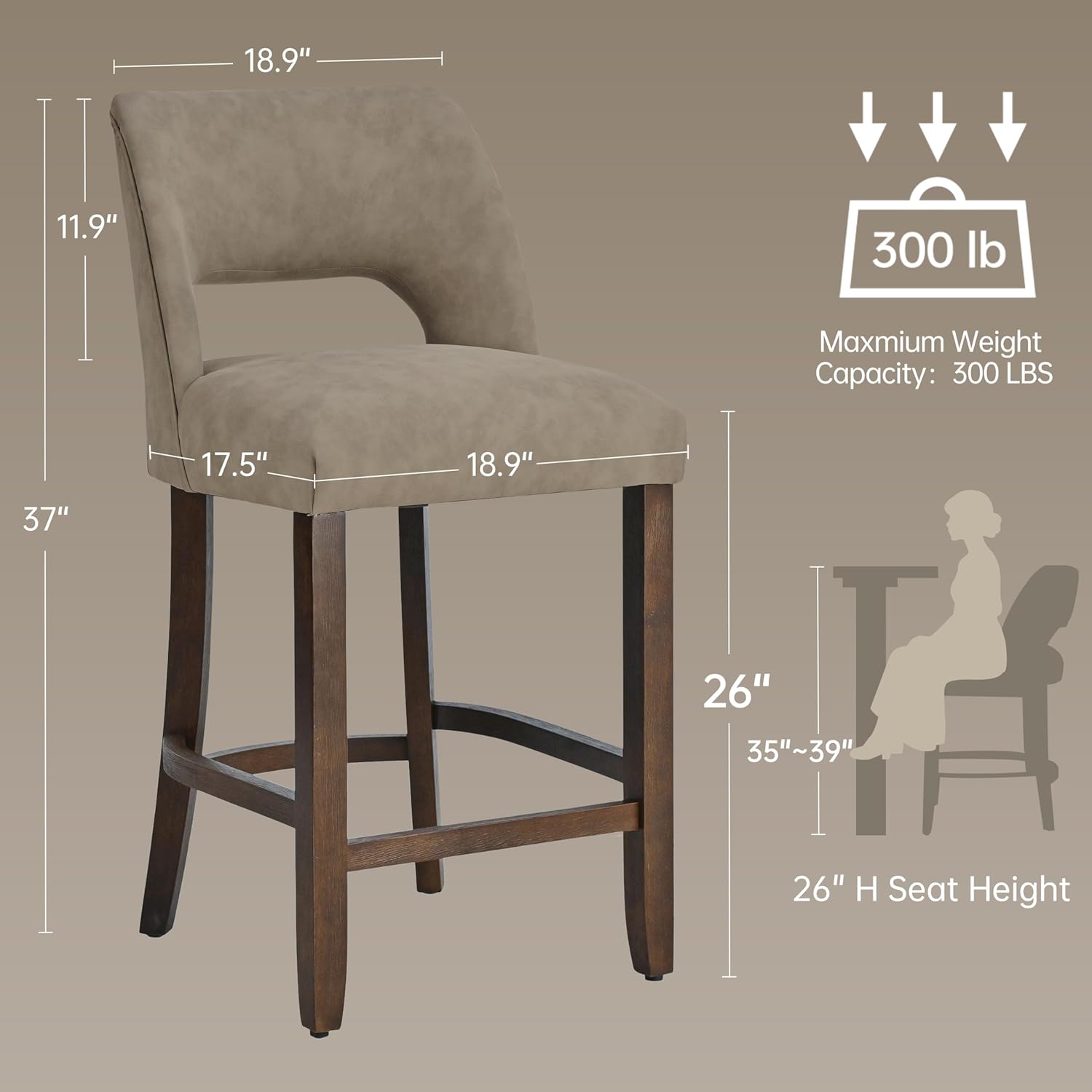 VKNOW 26 Bar Stools Set of 2, Faux Leather Counter Height Bar Stools with Backrest and Rubberwood Legs, Upholstered Barstools for Kitchen Island, Bar and Dining Room, Taupe