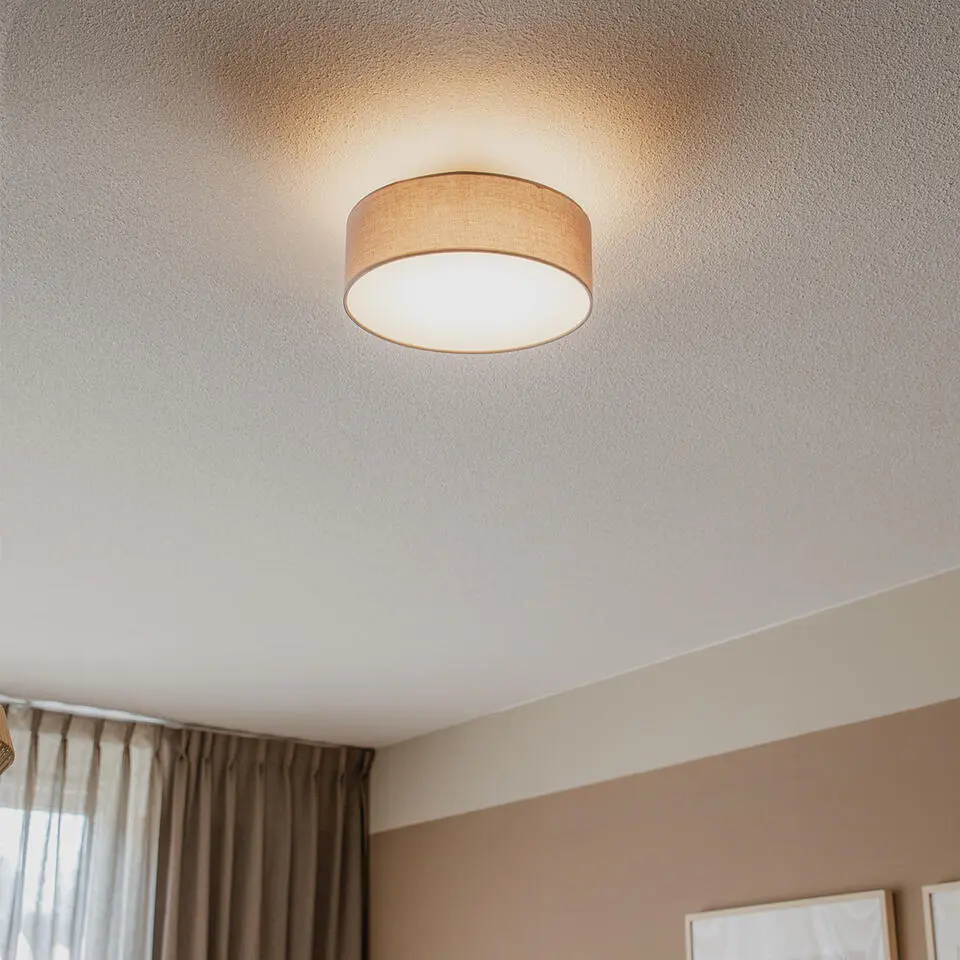 Qazqa plafondlamp van stof drum led grijs ge?ntegreerde led