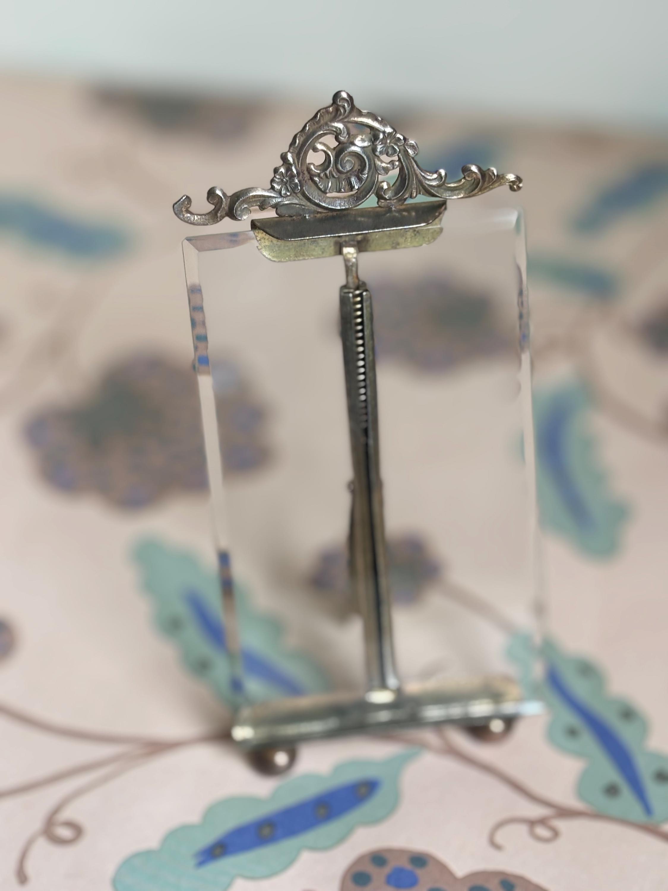 Small Vintage French Photo Frame, Ornate Metal Crest, Clear Glass, Tabletop Display Picture Frame, Bevelled Glass, French Country Cottage