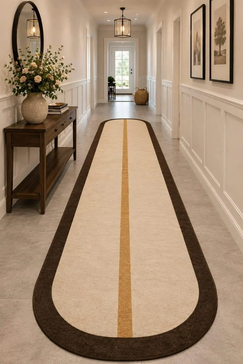 Modern Geometric Runner Rug, Cream Brown Hallway Carpet, Neutral Entryway Decor