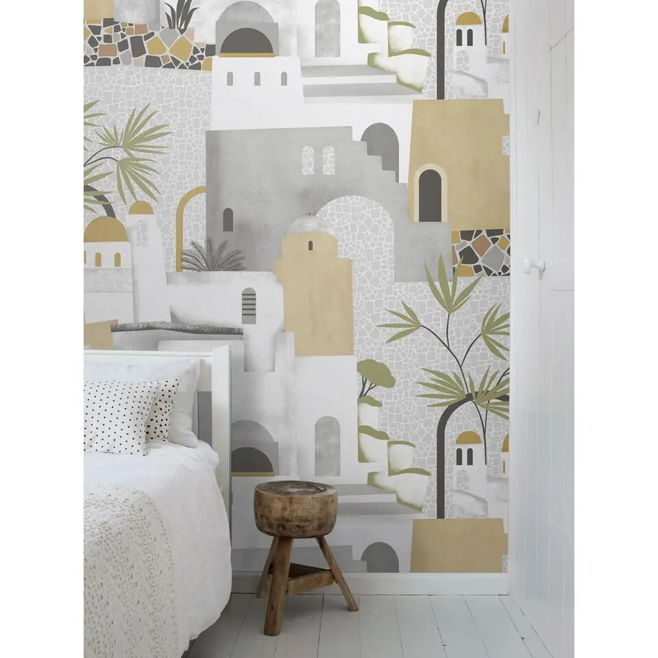 Sanders & Sanders fotobehang mediterrane huisjes grijs en geel - 318 x 280 cm