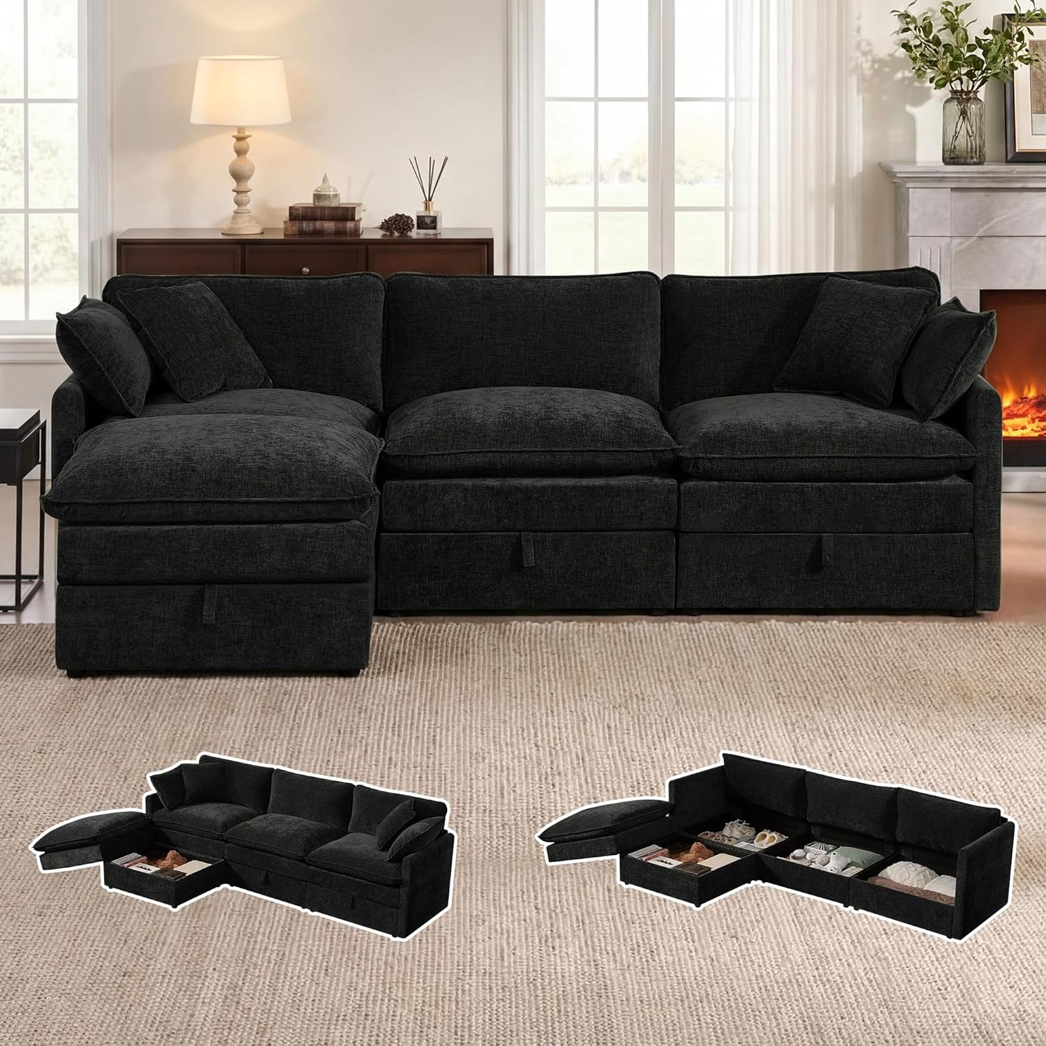 Modular Sofa with Storage, 103 L Shape Sectional Cloud Couch, Comfy Fabric Couch with Movable Ottoman, 4 Seat Modern Deep Seat Sofa for Living Room (Black Chenille)