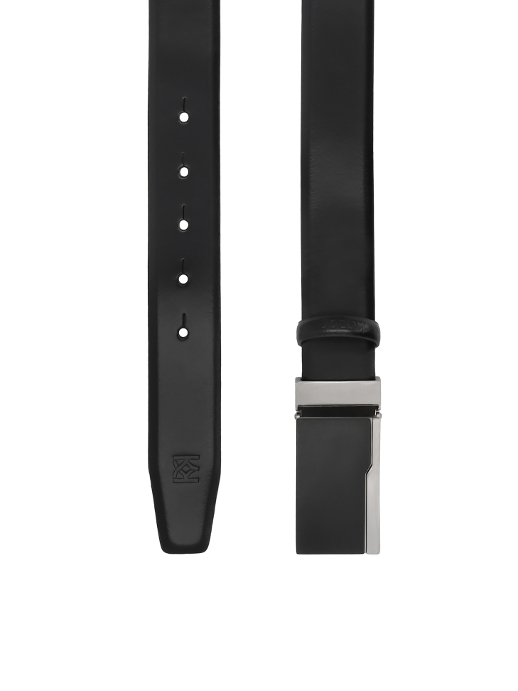 Black leather belt with metal buckle