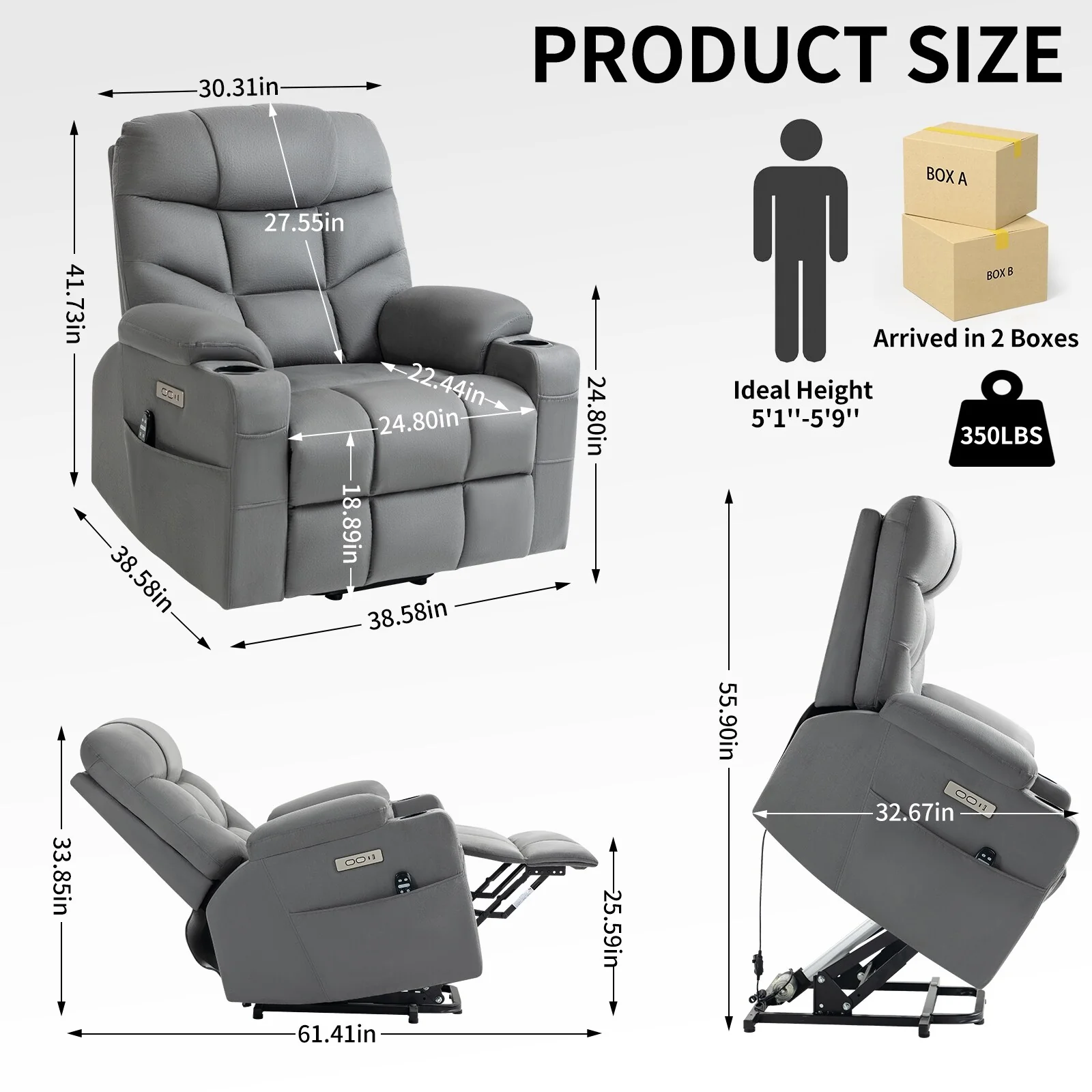 Grey Power Lift Recliner with Massage, Heat & USB Ports