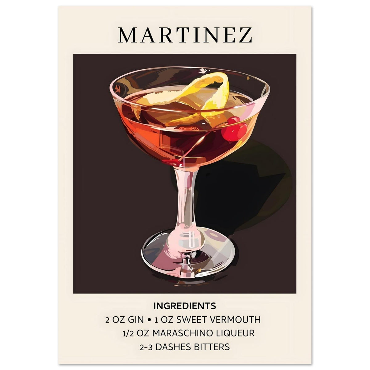 Artfulprints Poster Martinez cocktail - Ingrediënten  - A4 21x29.7 cm - Zwart