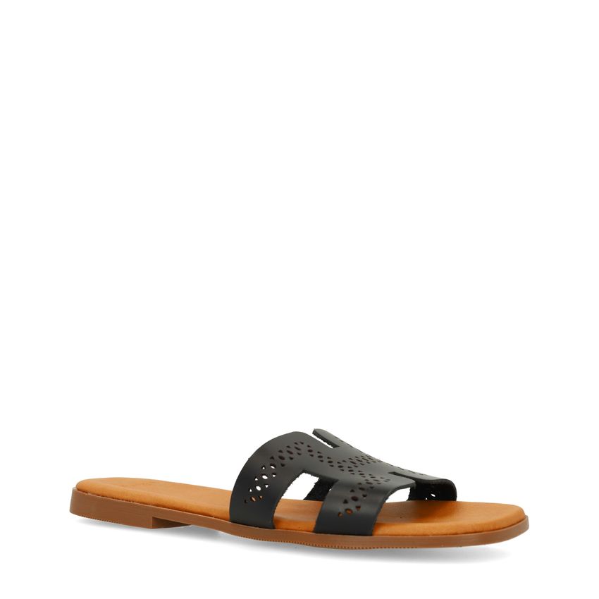 Manfield Zwarte leren slippers