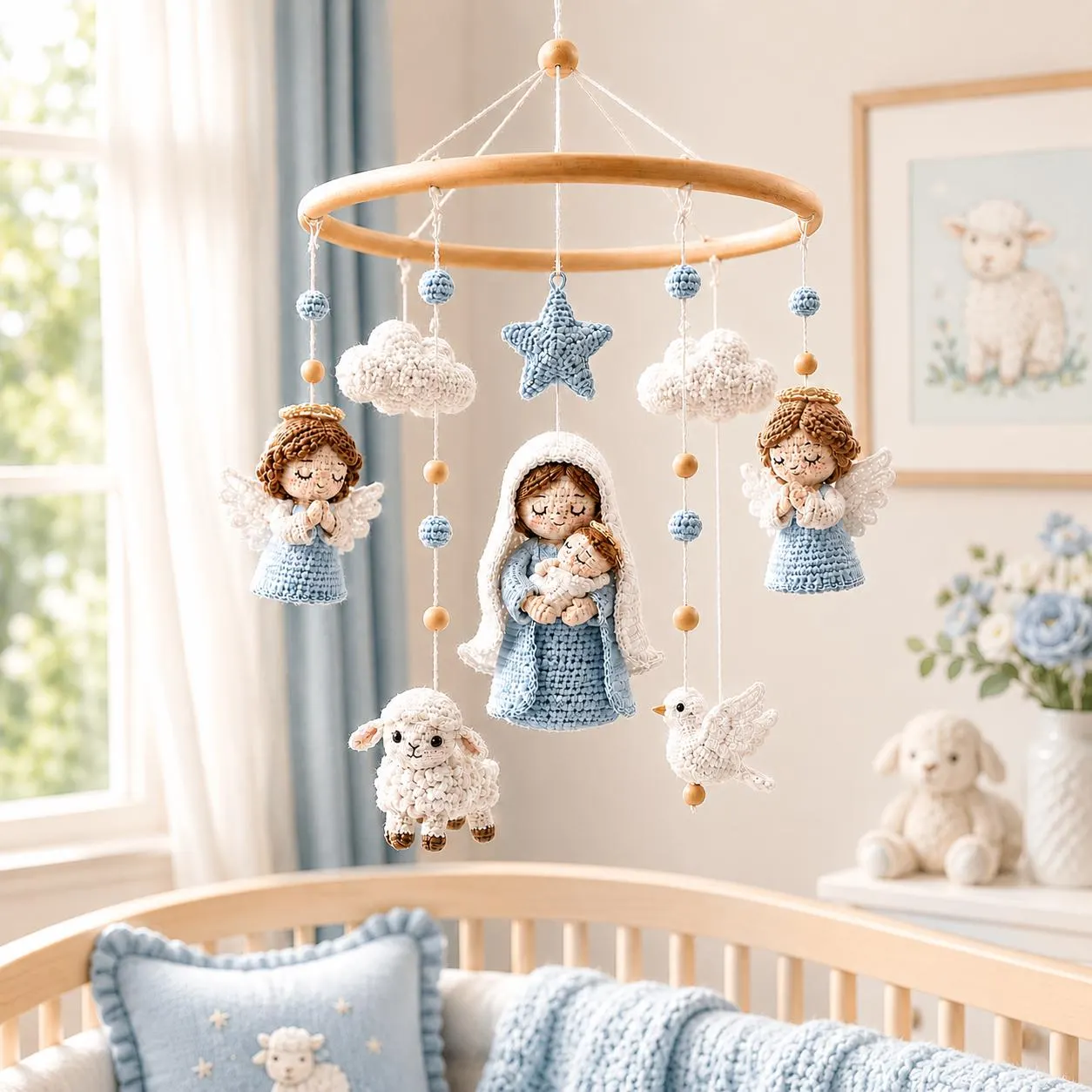 Crochet Nativity Baby Mobile, Christian Nursery Crib Mobile, Handmade Angel Star Cloud Decor, Christmas Baby Shower Gift