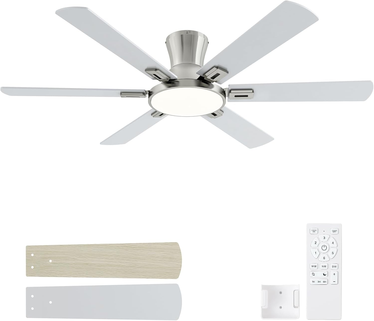52 Inch Brushed Nickel Ceiling Fans with Lights and Remote,Flush Mount Low Profile 6 Blades Ceiling Fan with 10 Inch Lighting Fixture,Quiet Reversible DC Motor for Living Room,Bedroom and Patio