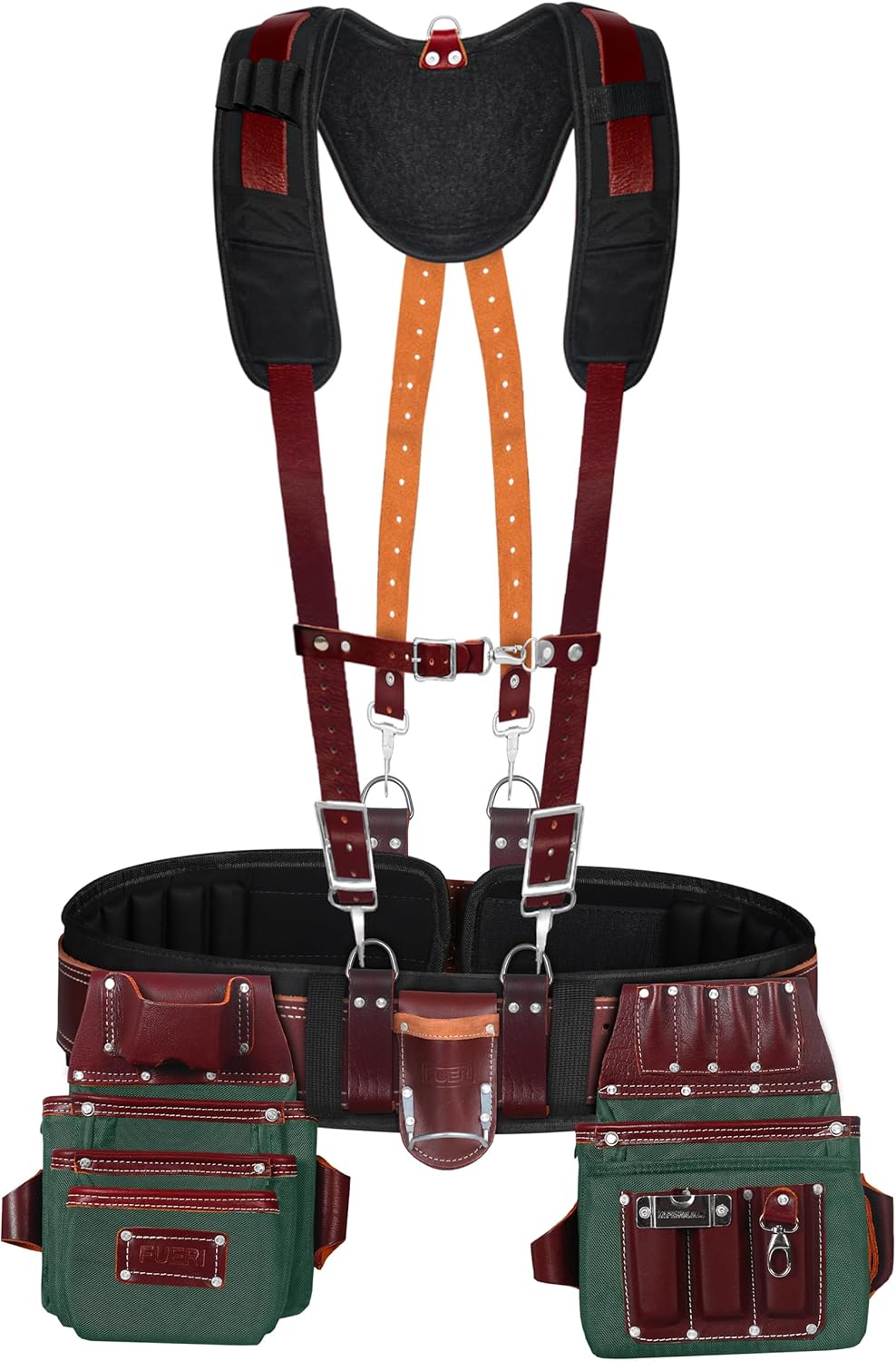 FUERI Electrician's Heavy Duty 26 Pocket Leather-Nylon Tool Belt & Suspender Combo, Comfort Back Support Padded Belt, 2 Large Storage Capacity Pouches, Best for Framers, Carpenter, Roofing