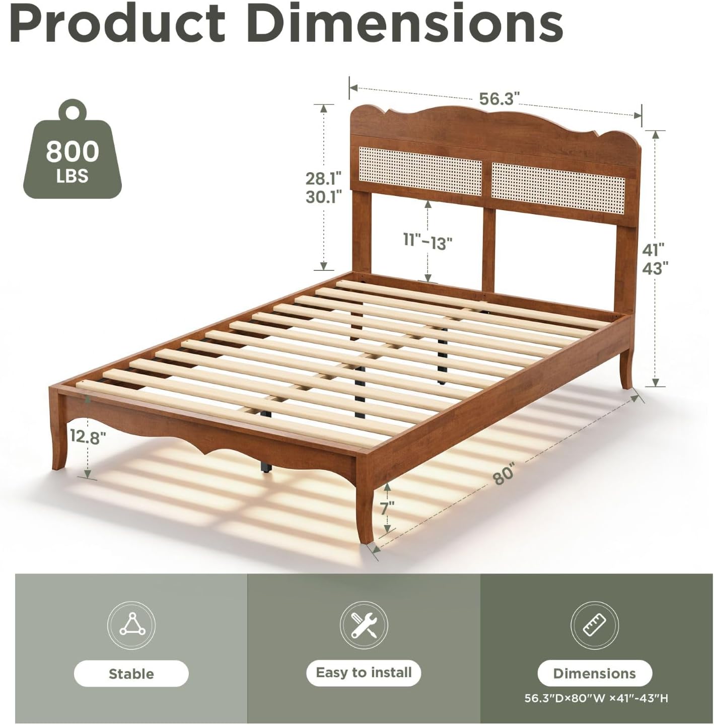 Sophia & William Rattan Bed Frame Full Size, Wood Bed Frame with Adjustable Headboard, Solid Wood Slats Support, Brown