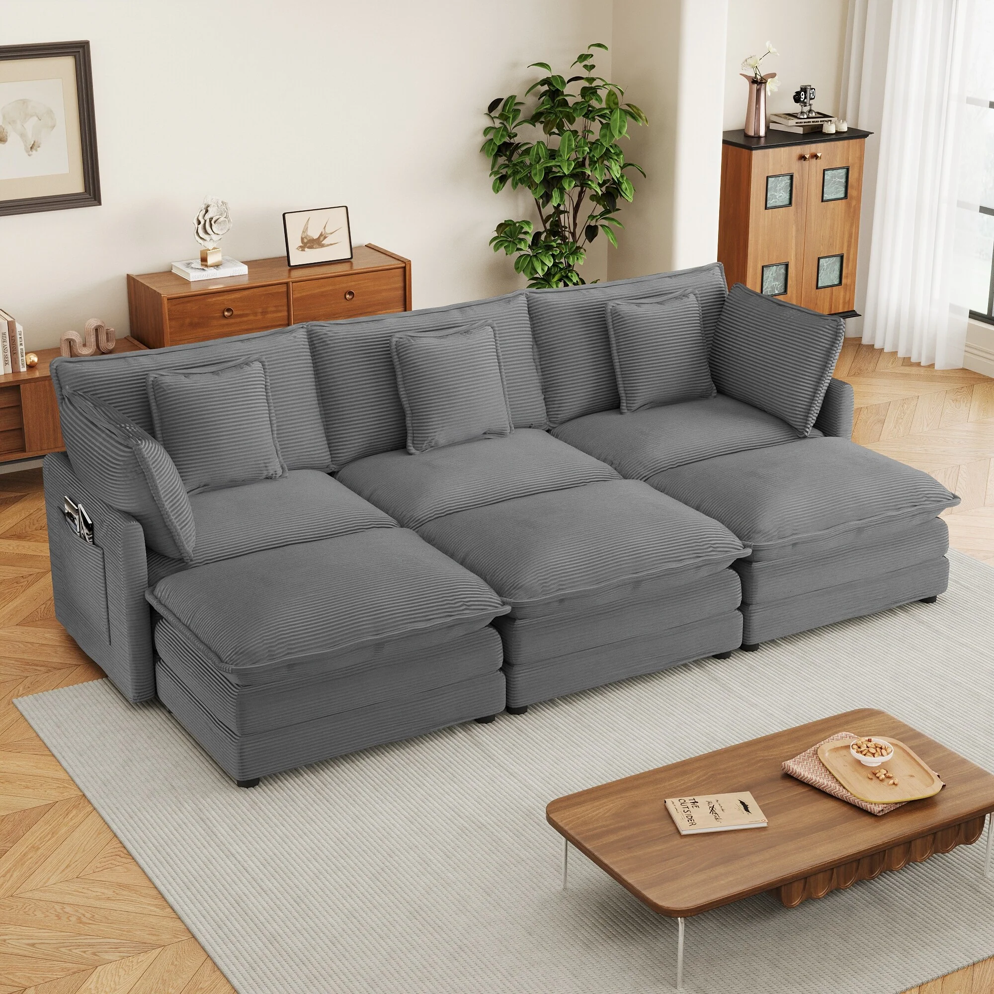 112.6 Modular Sectional Sofa Couch 3 Seater Corduroy Sofa with Side Storage Pockets and 3 Movable Ottomans