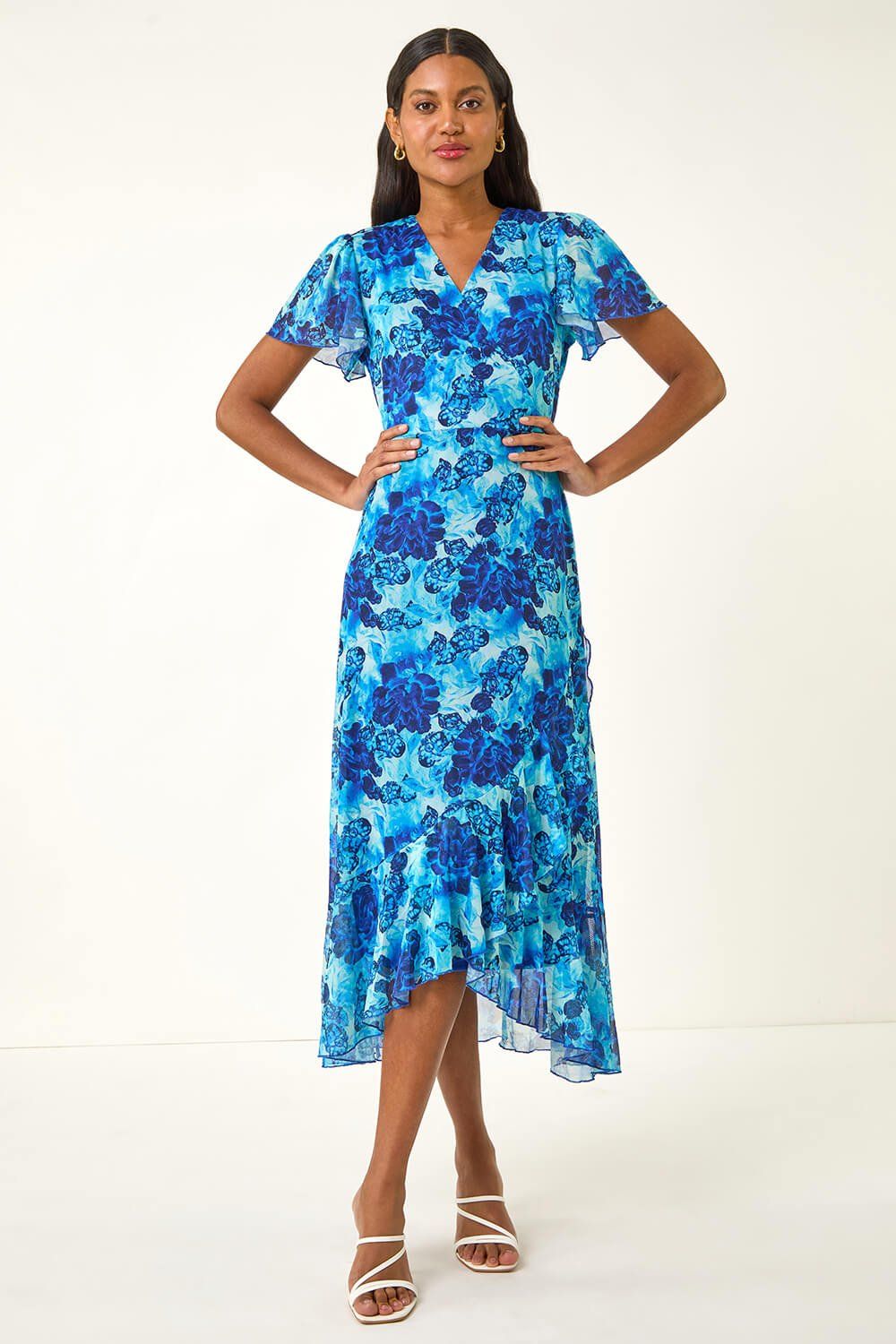 Roman Floral Frill Mesh Stretch Dress