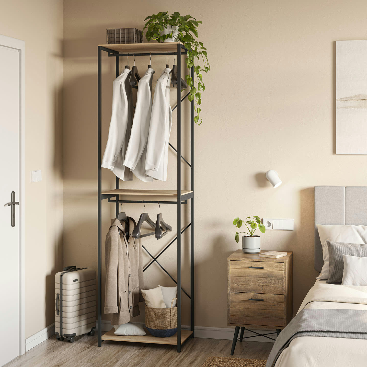 NEREA - Dressing avec 2 étagères et 2 barres, couleur chêne/noir