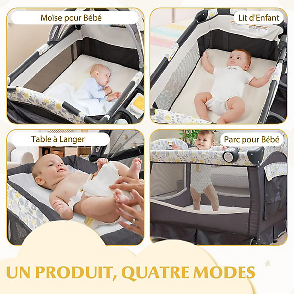 Lit Parapluie Bébé Pliable avec Matelas Berceau Bébé Evolutif avec Table à Langer Boîte à Musique Gris Blanc