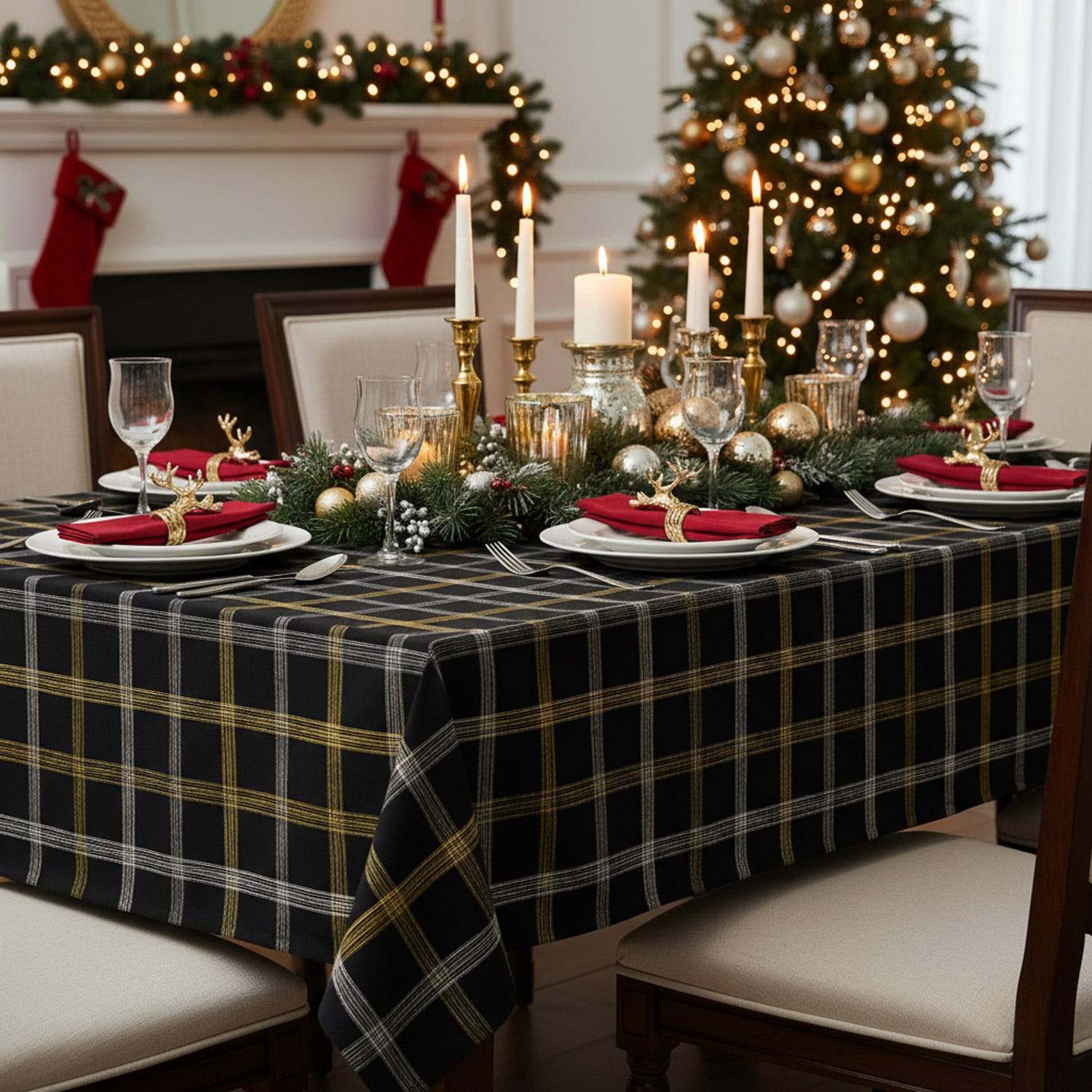 Tovaglia natalizia tartan beige e oro