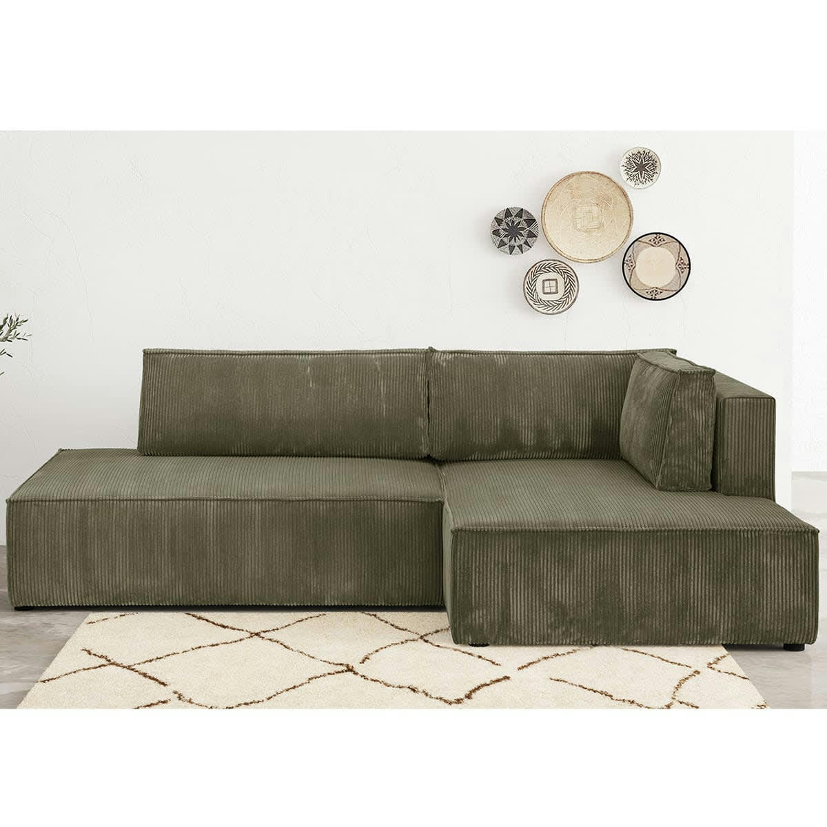 BARANI - Canapé d'angle à droite convertible 3 places en velours côtelé vert