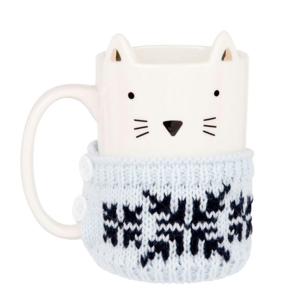- Mug chat en faïence blanche pull en laine bleu gris