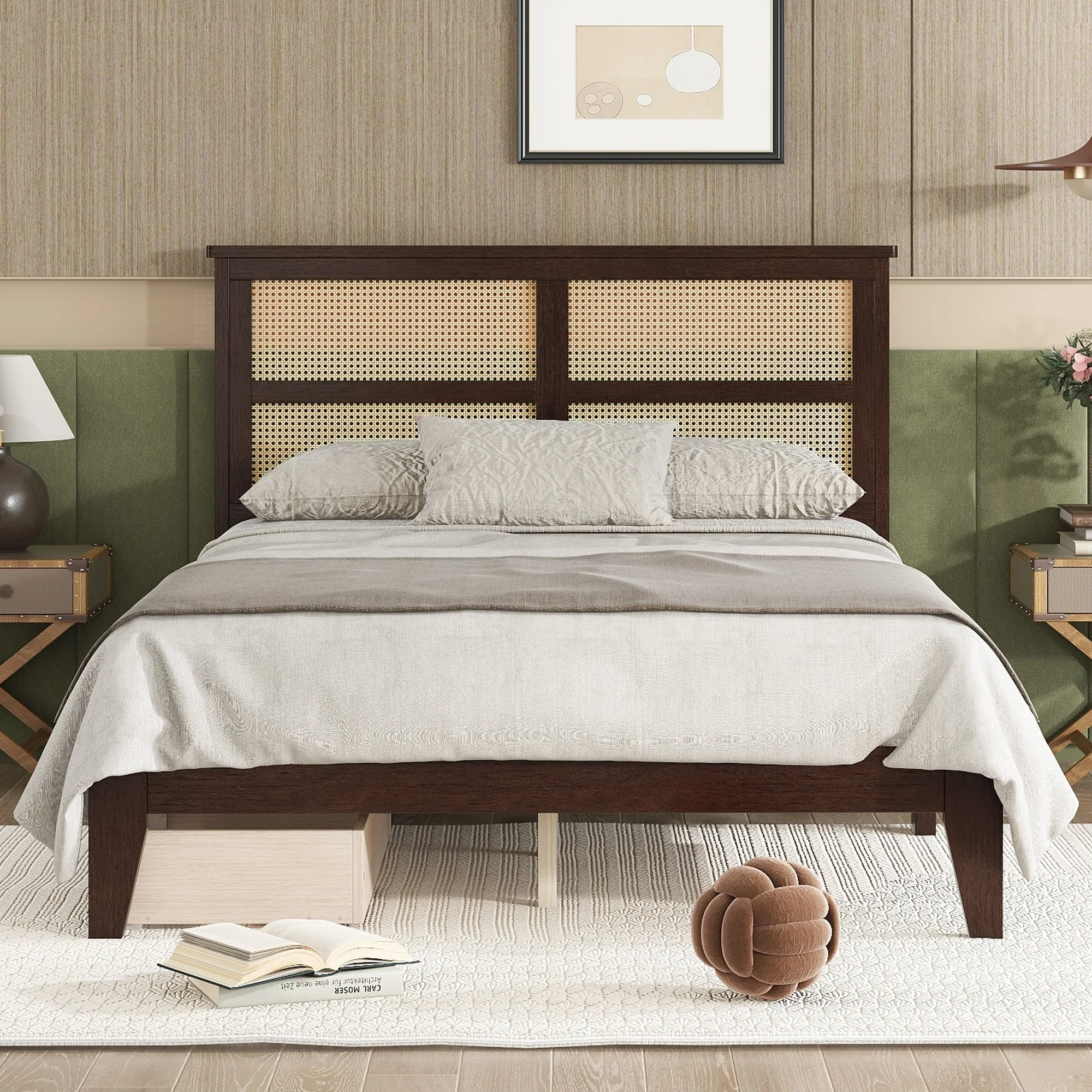 Full Size Bed with Rattan Headboard, Two Storage Drawers, Rubber Wood Bed with Enhanced Support Salts and Feet