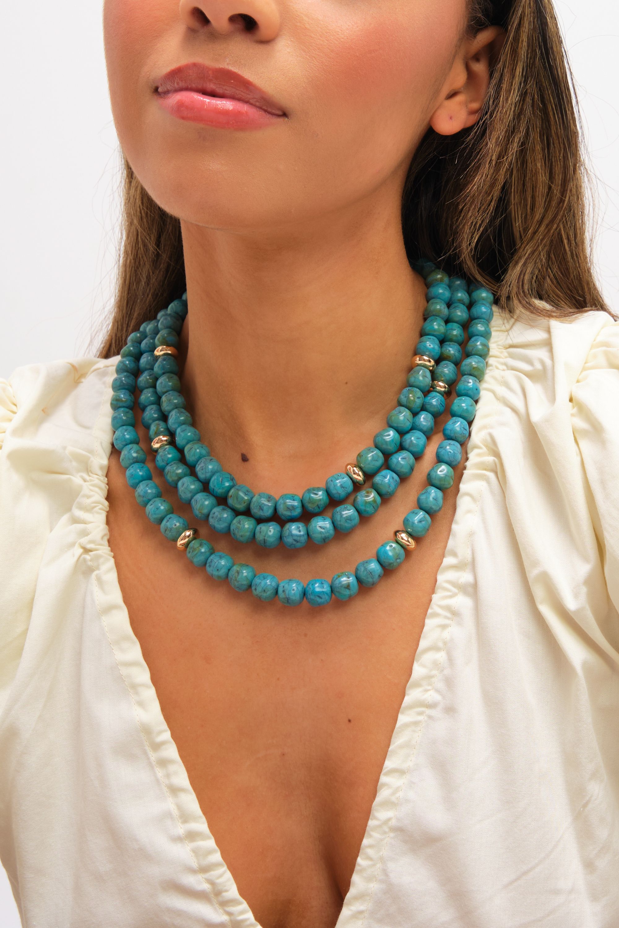 Mood Gold Plated and Turquoise Bead Statement Multirow Necklace