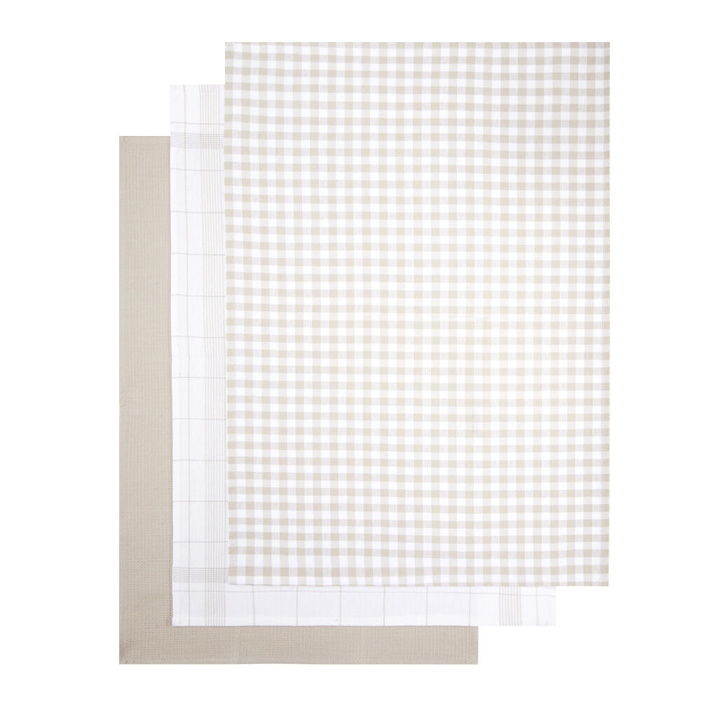Lot de 3 torchons rectangulaires 50x70cm 100% coton blanc et beige