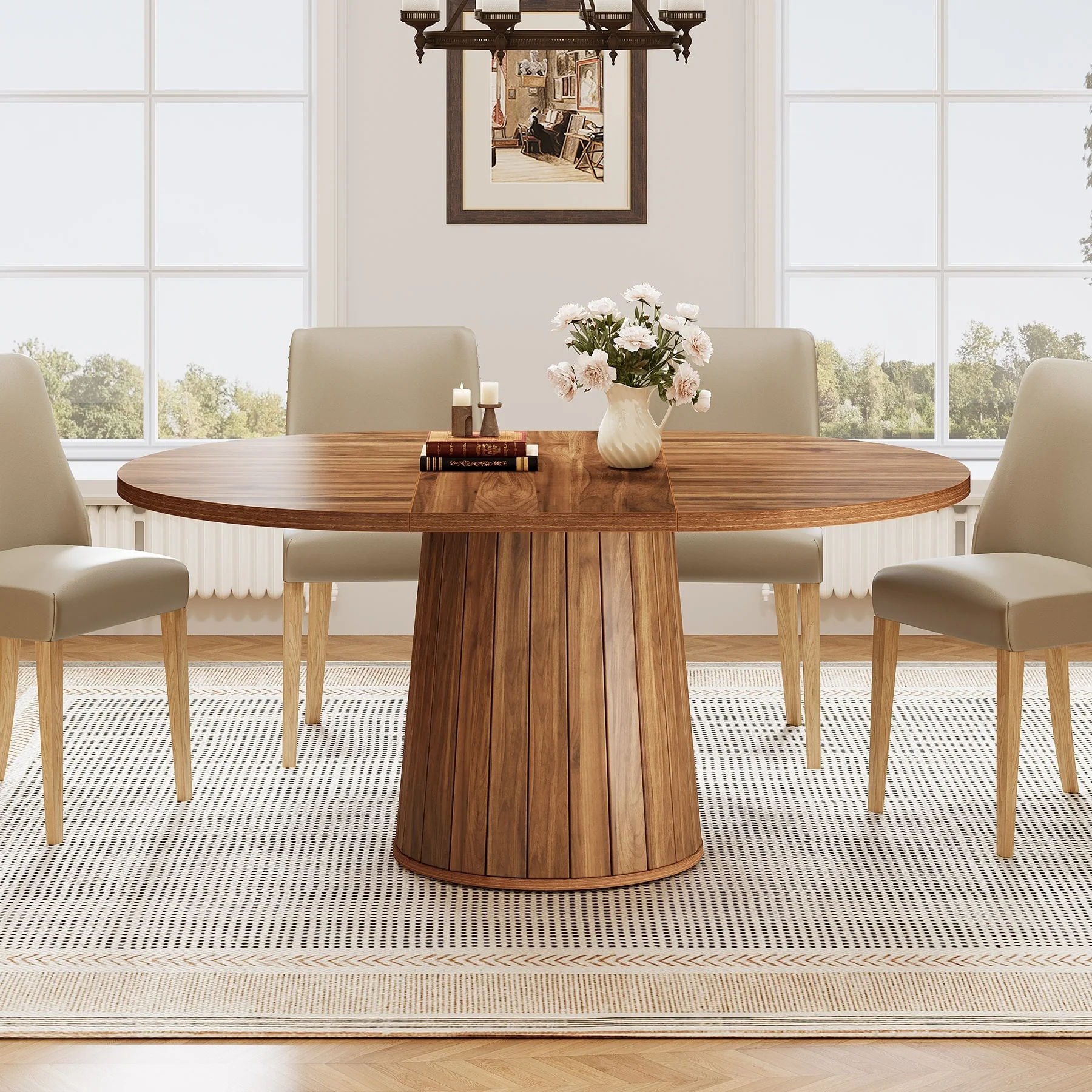 Brown Finish Manufactured Wood 6-Person Dining Table with Polygonal Cylinder Wooden Base - 55.11L x 39.37W x 29.92H - N/A