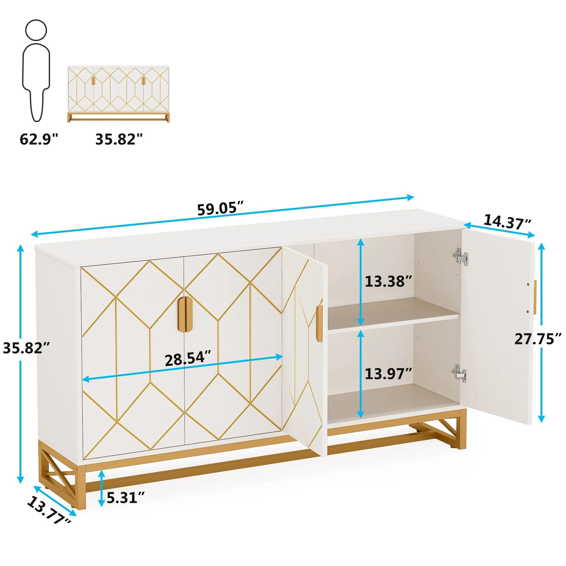 Modern 4-door Buffet Sideboard Storage Cabinet with Adjustable Shelf for Kithen Dining Room