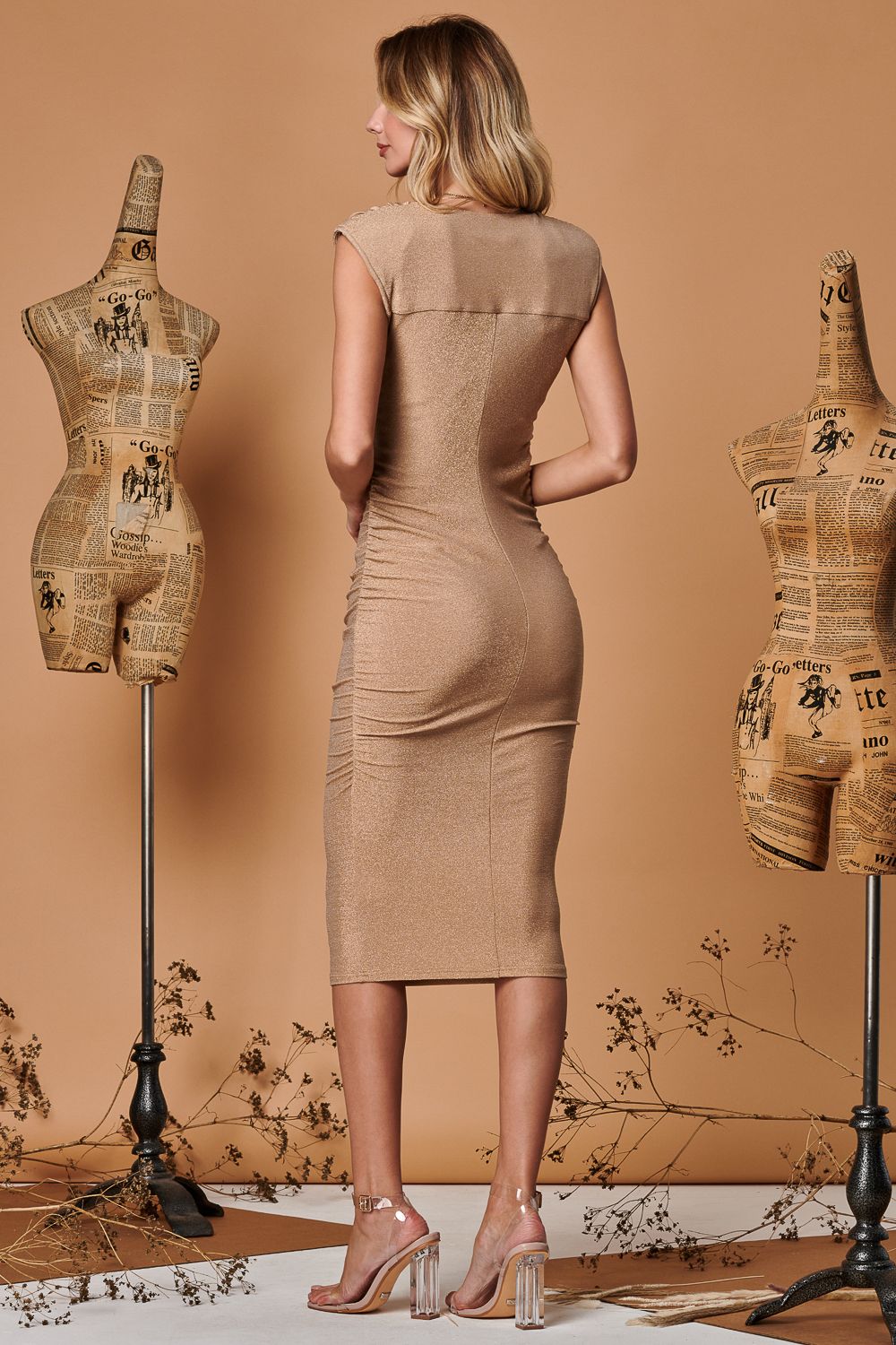 Jolie Moi Metallic Sparkly Ruched Bodycon Dress