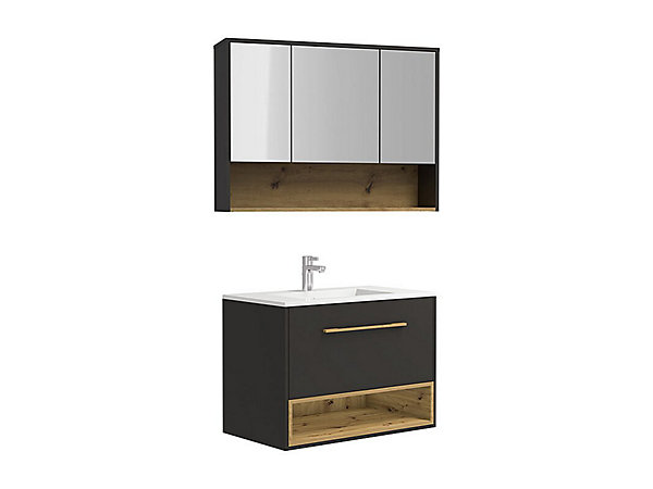 Meuble de salle de bain suspendu anthracite avec vasque à encastrer et armoire de toilette - 80 cm - YANGRA