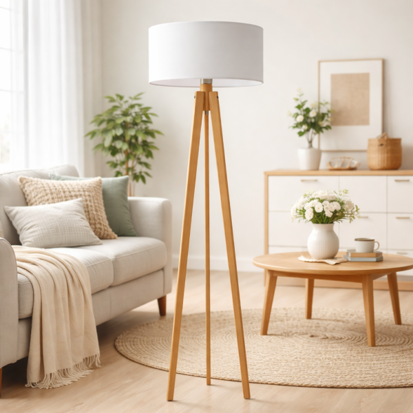 Lampa MIAMI tripod drewno styl skandynawski Popielaty/ Musztardowy