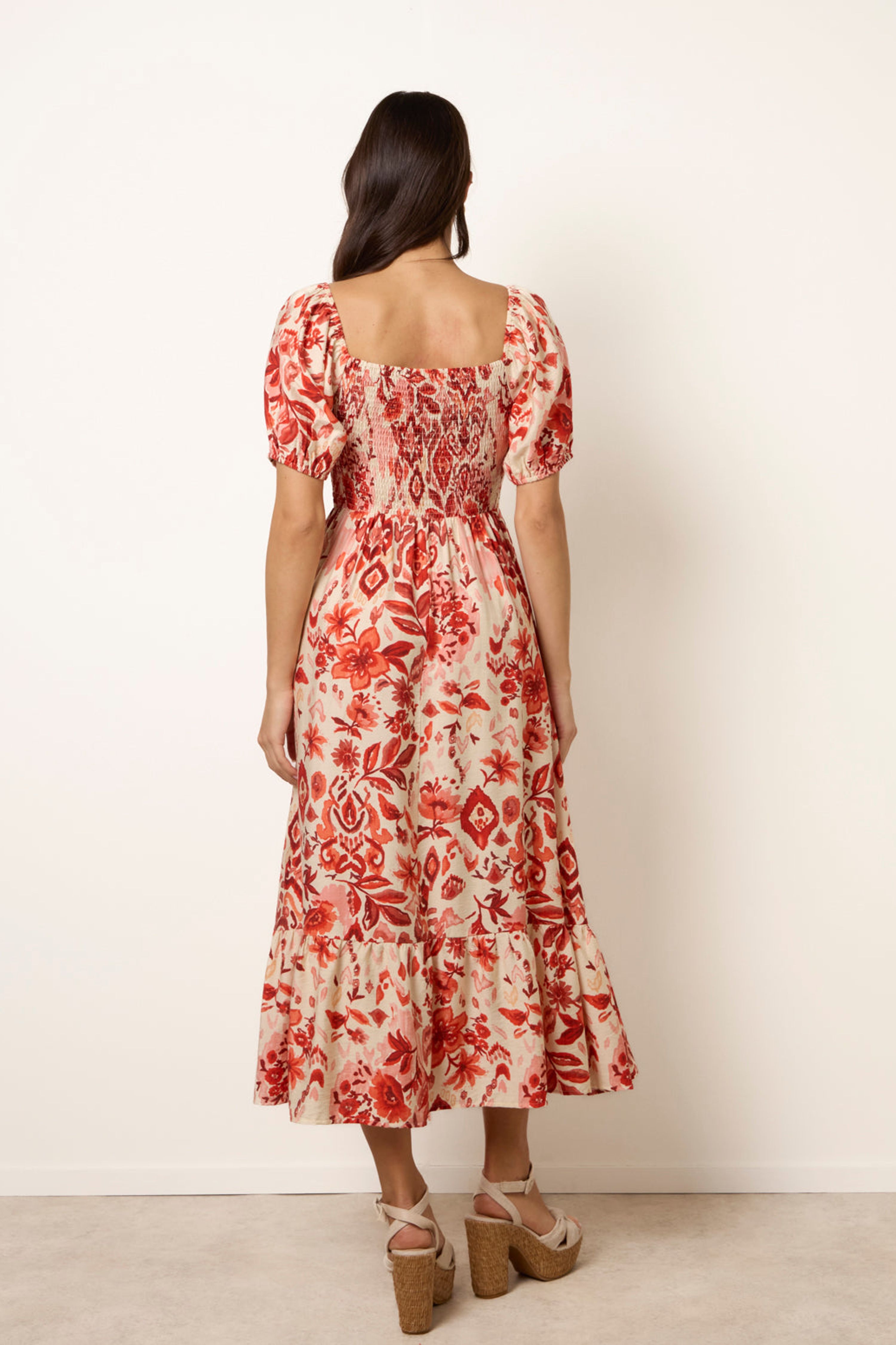 Blue Vanilla Orange Watercolour Floral Shirred Puff Sleeve Midi Dress