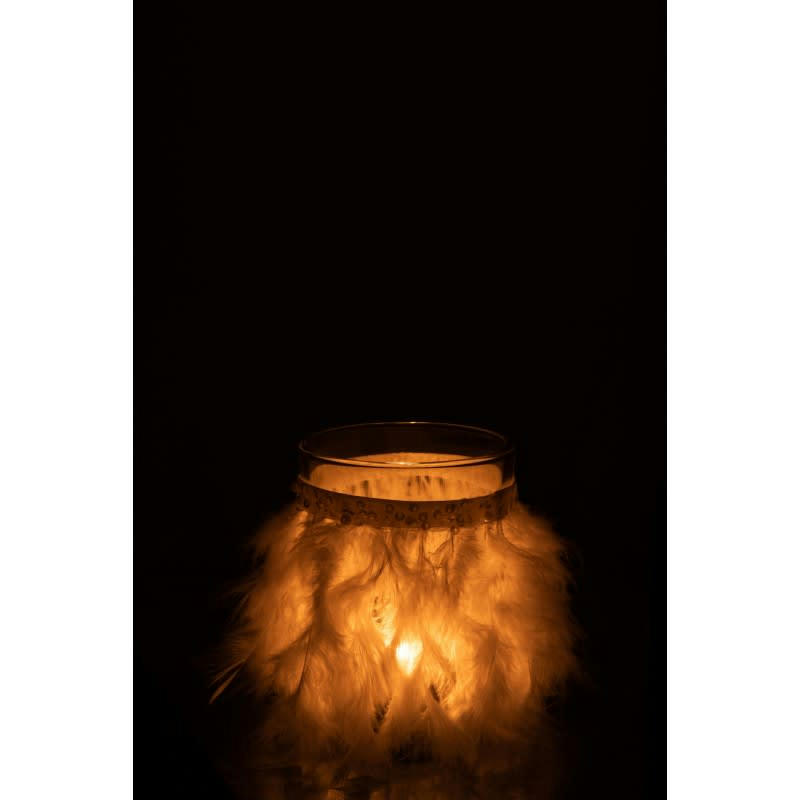 PLUMES - Photophore plumes blanc verre transparent H12,5cm