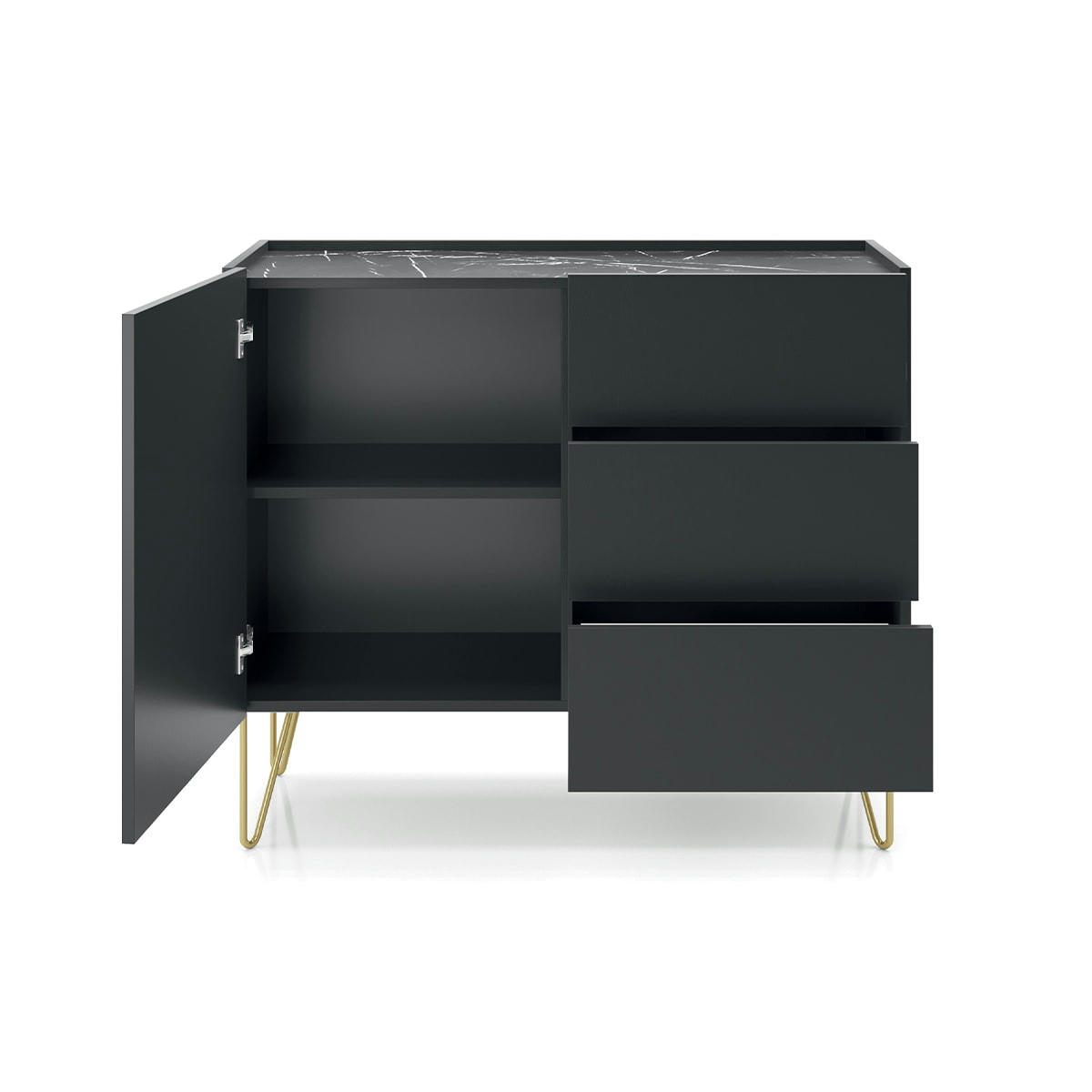 - Buffet 1 porte 3 tiroirs noir et marbre