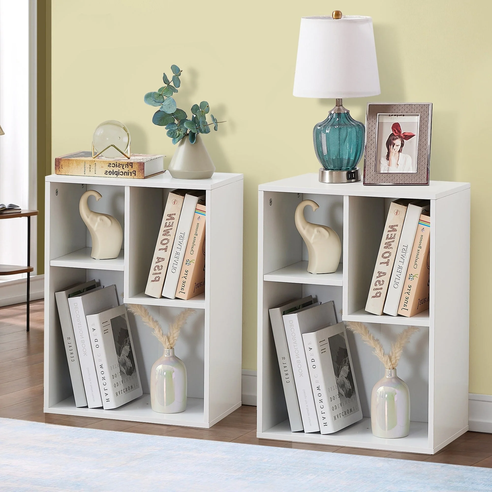 VECELO Widened Version，(Set of 2)2-Tier Three Open Cube Wooden Bookcase Organizer, Bookshelf, Book Storage