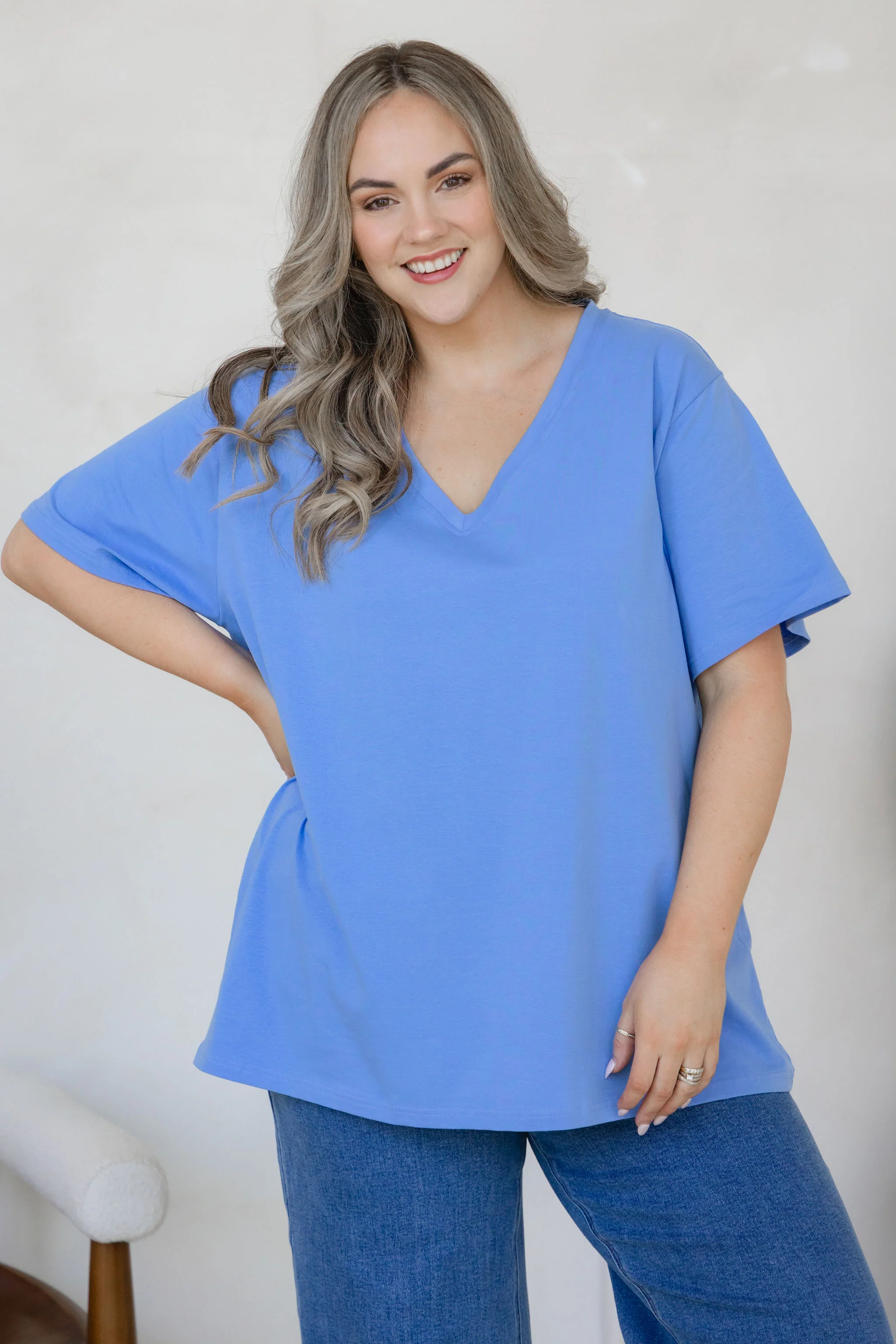 Relaxed V-Neck Tee in Cornflower Blue