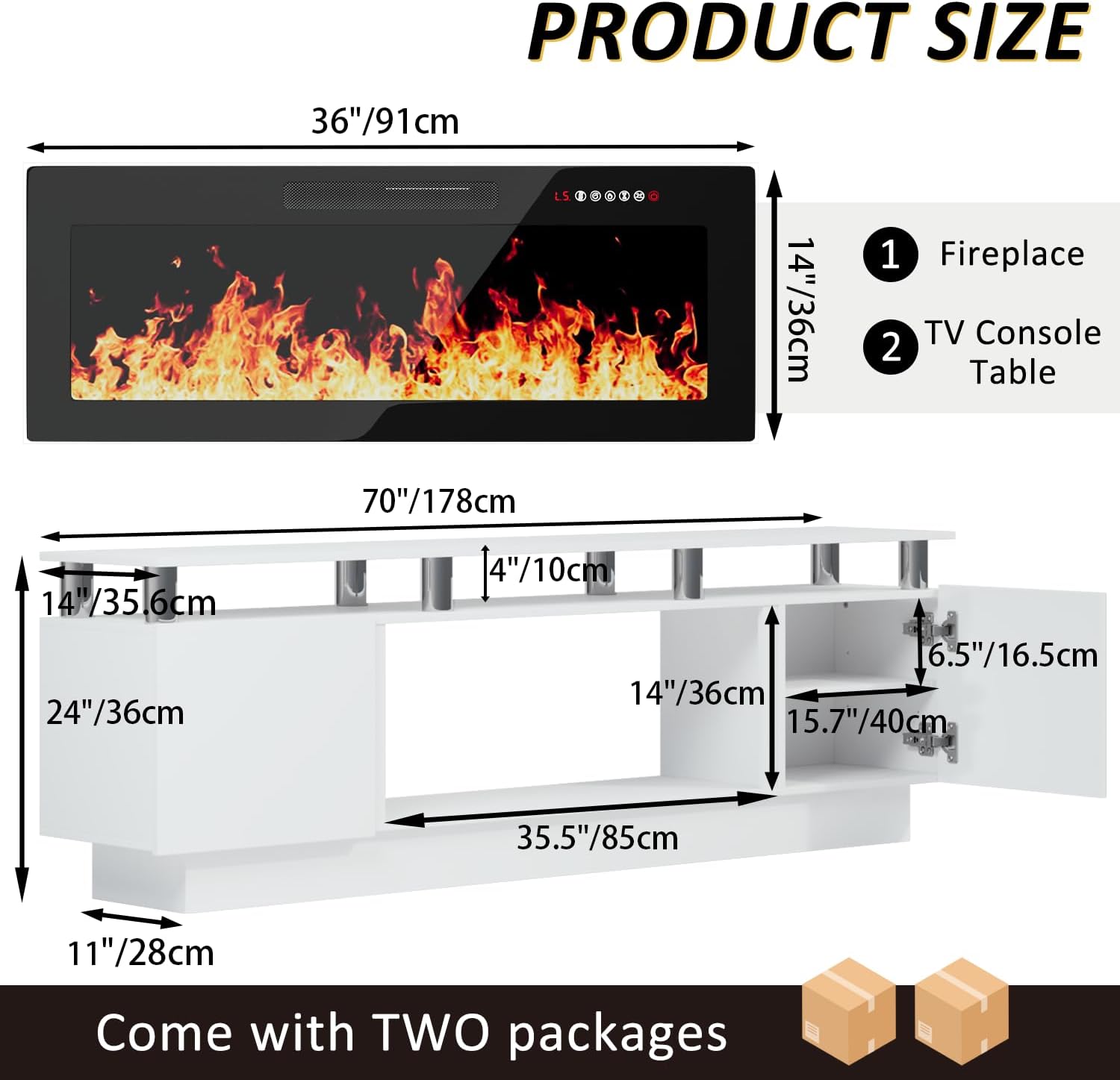 LEMBERI 70 Inches Fireplace TV Stand for TVs up to 80 Inches with 36'' Electric Fireplace & Remote, Modern Entertainment Center with Luxury LED Light,Woodeen TV Console for Living Room