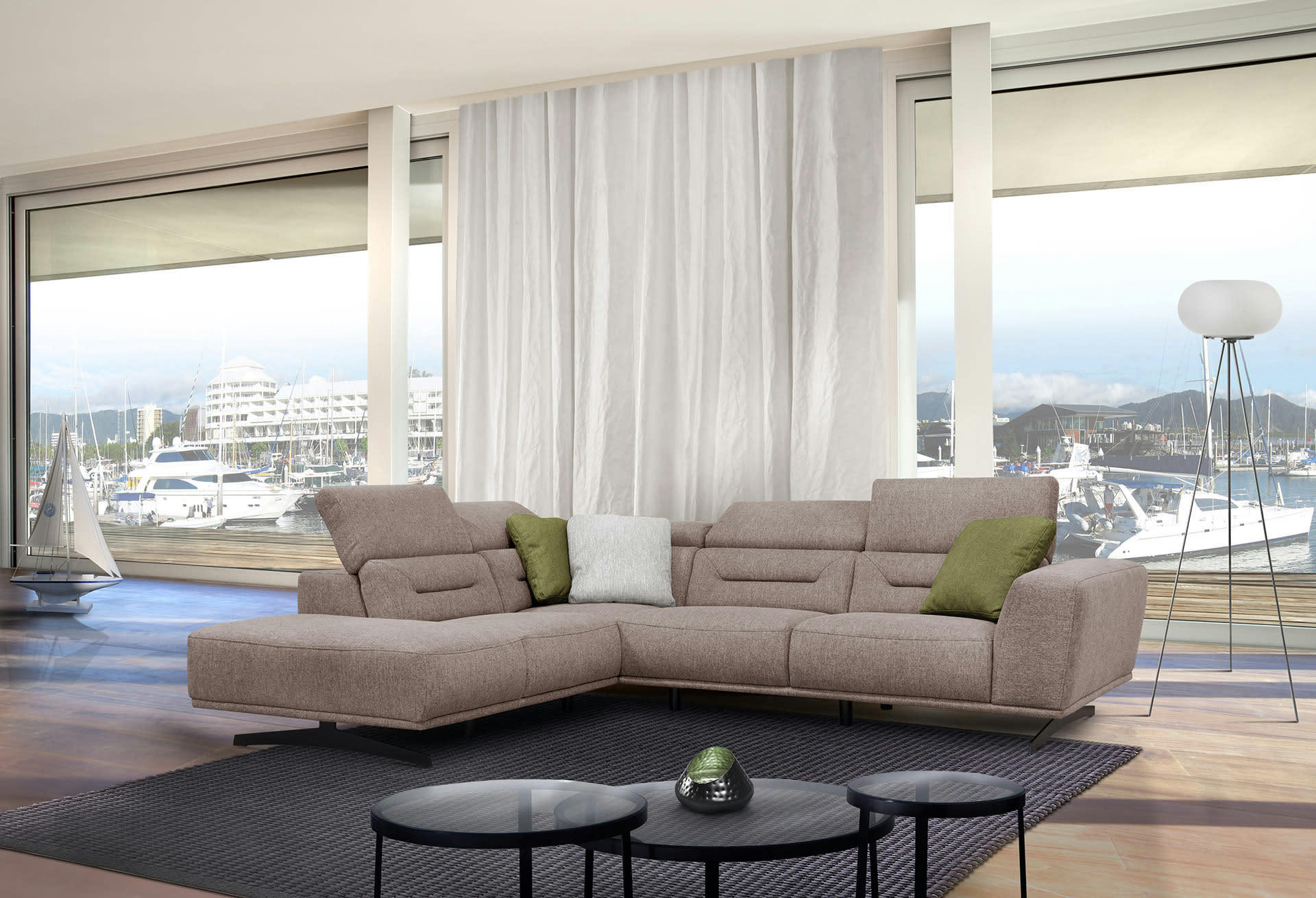 LUCANO - Canapé d'angle gauche 5 places tissu taupe