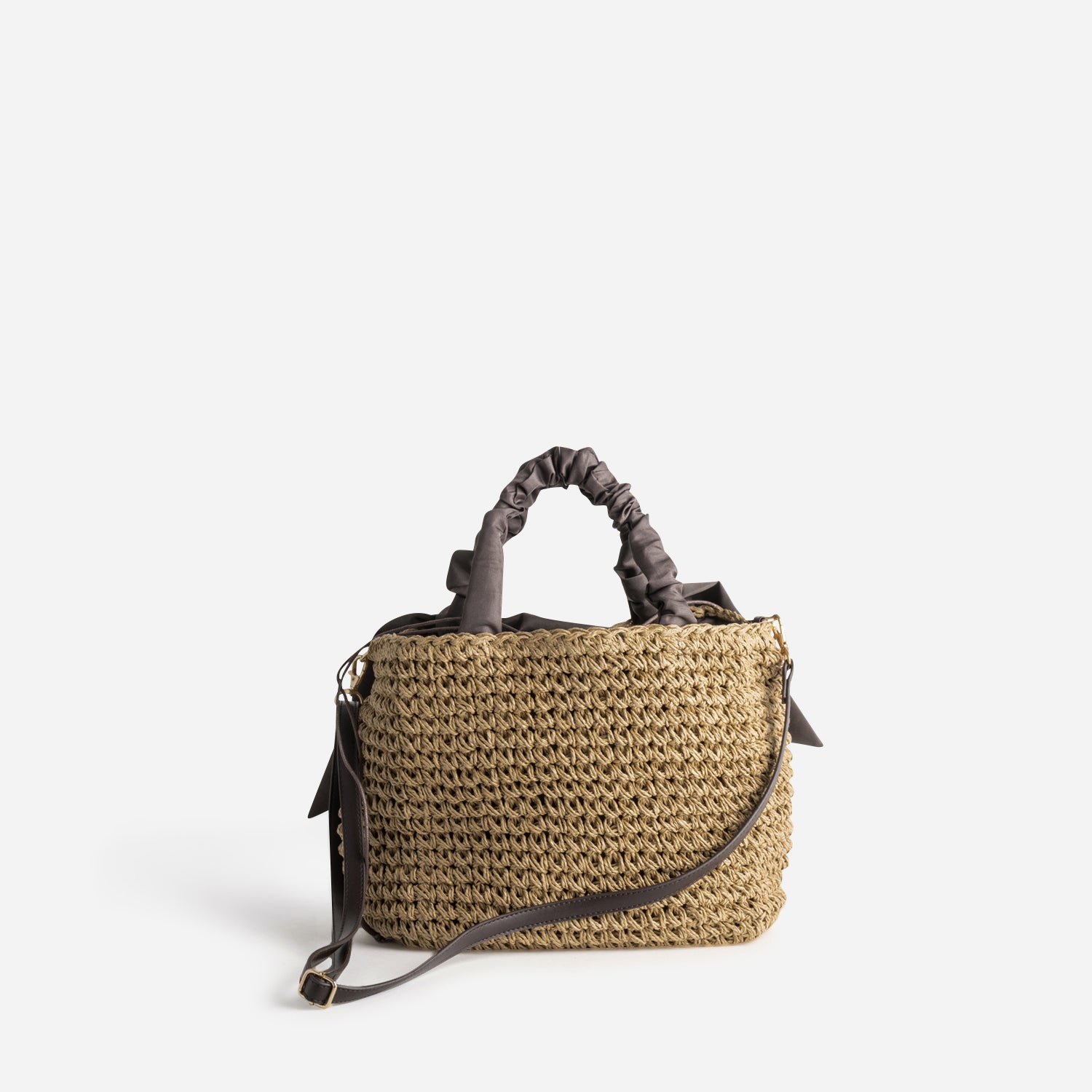 Panier beige foncé tressé à anses marron