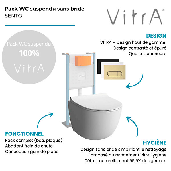 Pack WC suspendu VITRA Sento blanc   bâti autoportant V-Fix Core   Plaque Round Noir mat