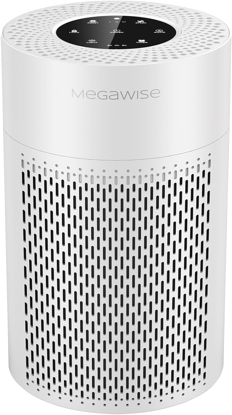 MEGAWISE True HEPA Air Purifier EPI235A, 3-Stage Filtration, Quiet 24dB Operation, Manages Airborne Particulates & Pet Hair , Perfect for 215 sq ft Rooms, White