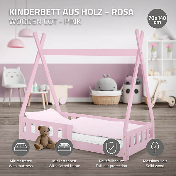 Lit d'enfant ML-Design Tipi 70x140 cm rose en bois de pin massif avec sommier matelas style indien