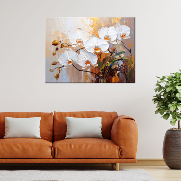 Obraz, Białe Kwiaty Orchideii na abstrakcyjnym beżowym tle 30x20