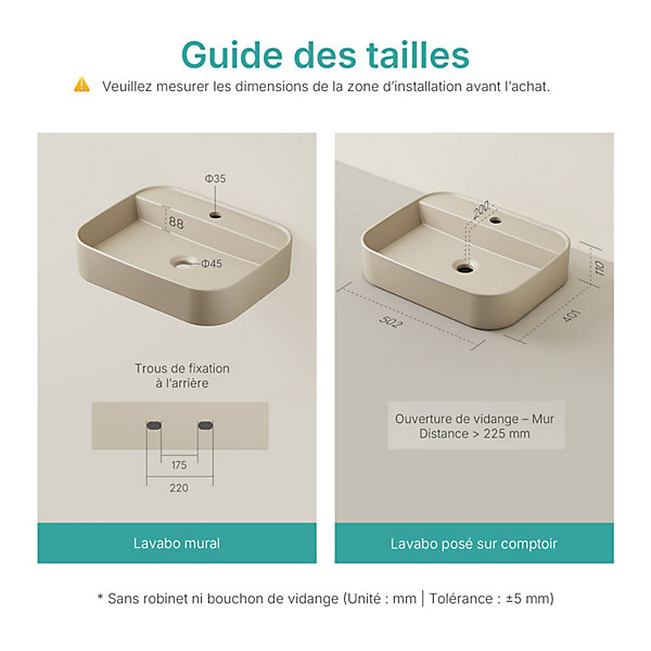 EMKE Vasque à Poser 40 x 50 x 11 cm, Lavabo Rectangulaire en Céramique pour Salle de Bain, Coins Arrondis R, Beige Mat