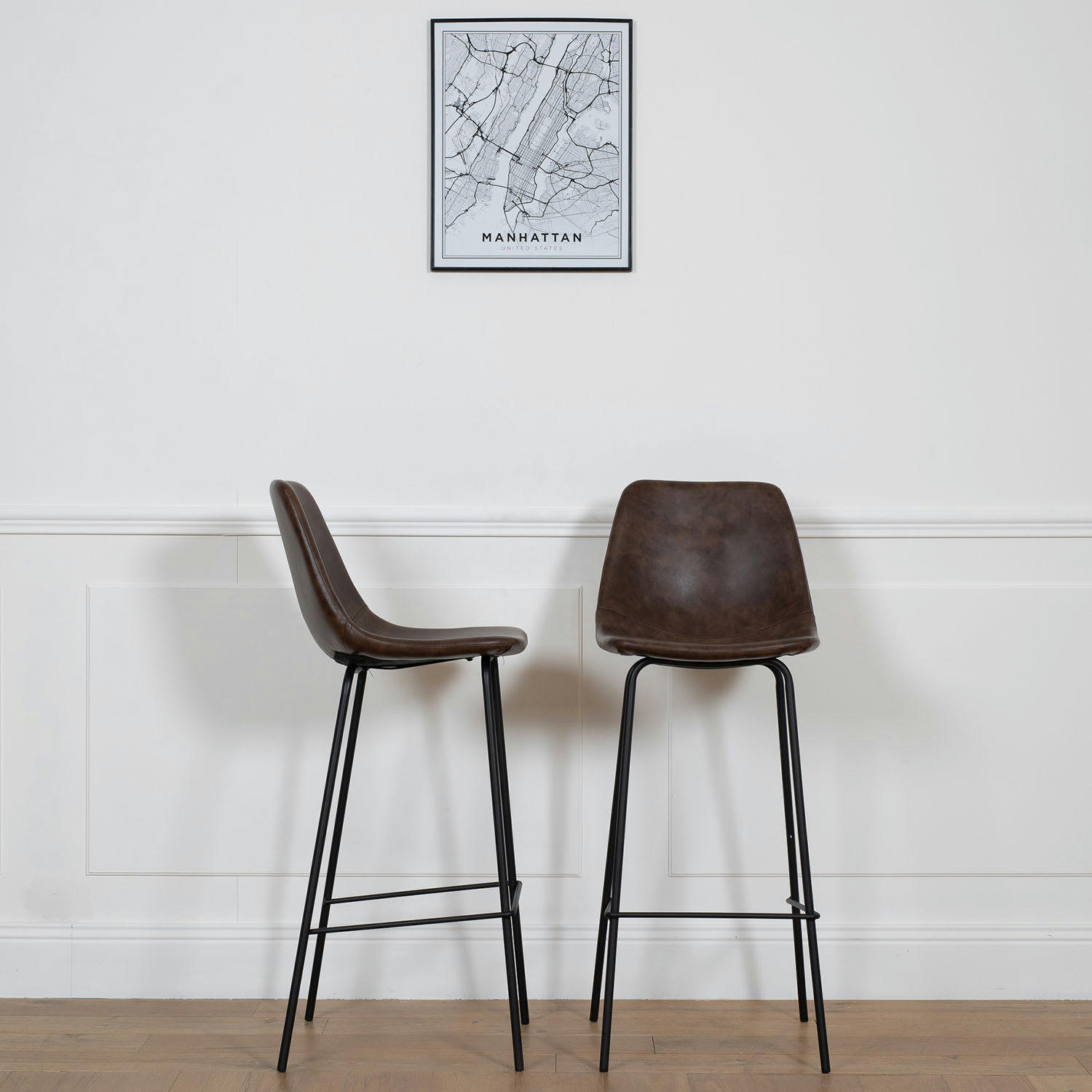 LUCIEN - Lot de 2 tabourets de bar vintage 75cm en simili cuir marron
