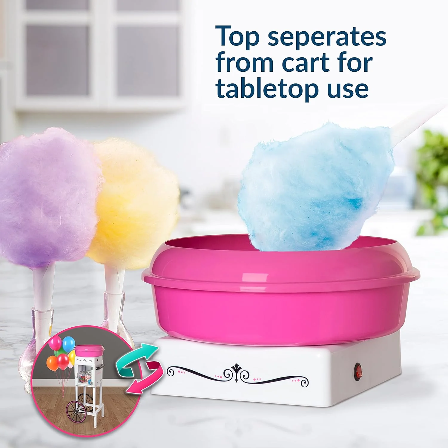 Nostalgia Professional Cotton Candy Cart, Vintage Candy Cart with Serving Shelf, 3 Bowls With Lids  Spoons, 13-in Rubber Wheels, Pull Handle, Includes 4 Reusable Cones  Wire Cleaning Brush, Pink(Pink)